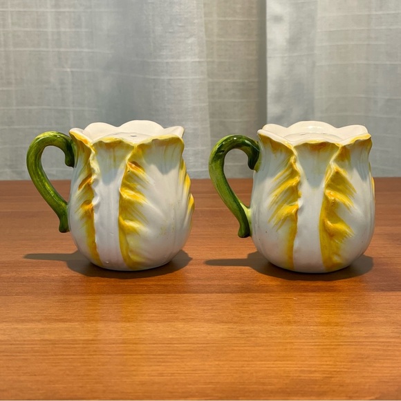 VTG Lefton Yellow Cabbage Rose Salt and Pepper Shakers Handles Cottagecore Green - Picture 2 of 16